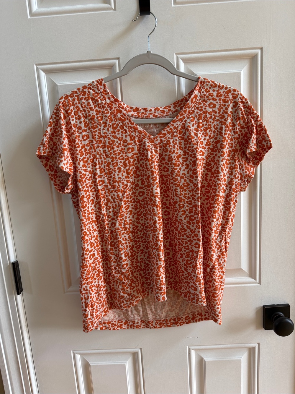 LOFT Orange and White Leopard Print V-Neck Short Sleeve Top
